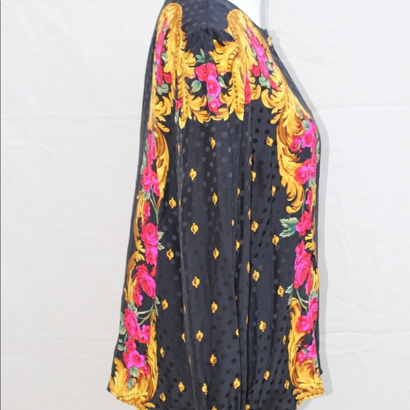 Vintage Beautiful 1980s Black Silk Floral Blouse - Picture 2 of 6